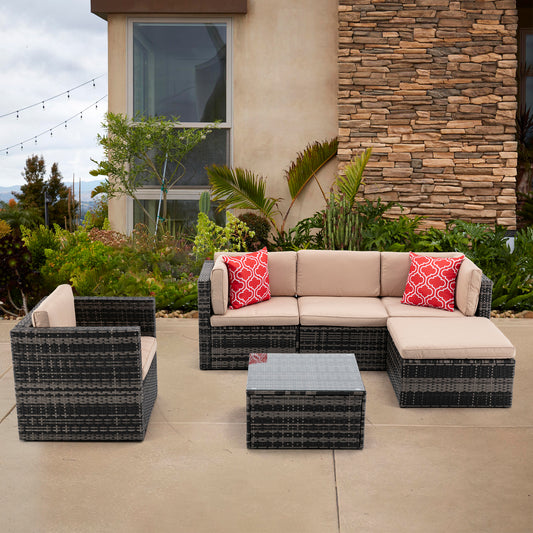 6Pcs Outdoor Garden Patio Furniture  PE Rattan Wicker  Sectional Cushioned Sofa Sets with 2 Pillows and Coffee Table