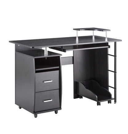 D&N solid wood computer Desk,office table with PC droller, storage shelves and file cabinet , two drawers, CPU tray,a shelf  used for planting, single , black. 47.24''L 21.65''W 34.35''H