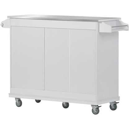 K&K Kitchen Cart with Stainless Steel Top and Storage Cabinet, Kitchen Island on Wheels with Two Drawers & Goblet Holder & Wine Rack & Spice Rack & Towel Holder, L51xW18xH37 Inches