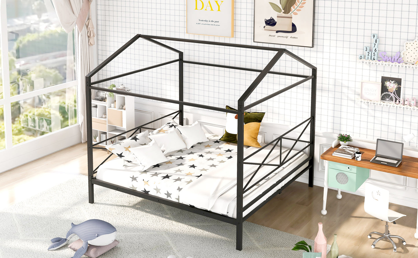 Queen Size Metal House Shape Platform Bed,Black