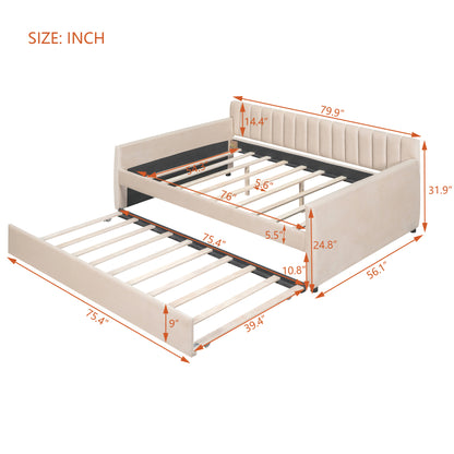 Full Size Upholstered daybed with Trundle and Wood Slat Support, Beige