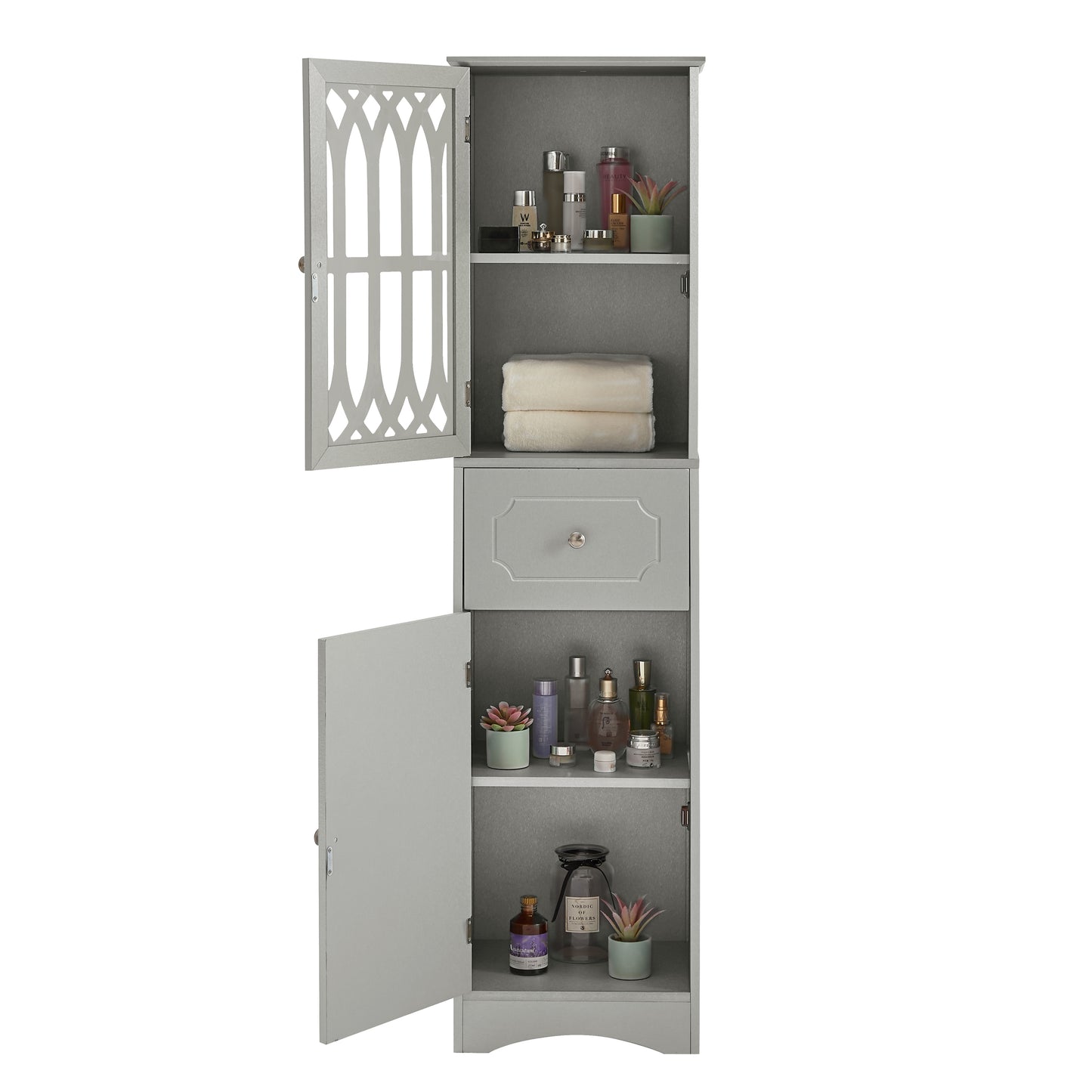 Tall Bathroom Cabinet, Freestanding Storage Cabinet with Drawer and Doors, MDF Board, Acrylic Door, Adjustable Shelf, Grey