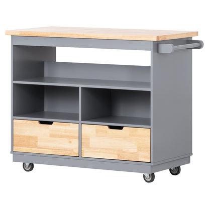 Kitchen Cart Rolling Mobile Kitchen Island Solid Wood Top, Kitchen Cart With 2 Drawers,Tableware Cabinet（Grey Blue）