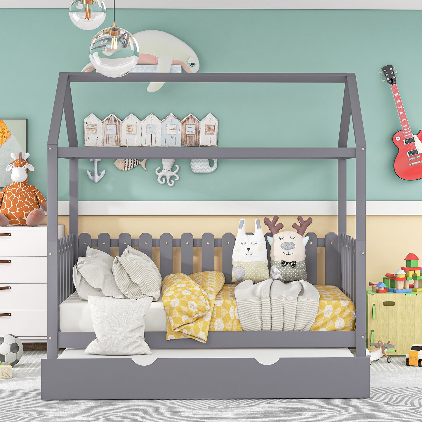 Twin Size House Bed with Trundle, Fence-shaped Guardrail, Gray(New)