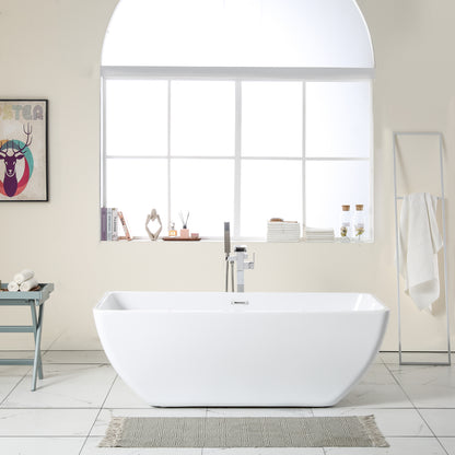 67"L x 31.5\'\'W Acrylic Art Freestanding Alone White Soaking Bathtub with Brushed Nickel Overflow and Pop-up Drain