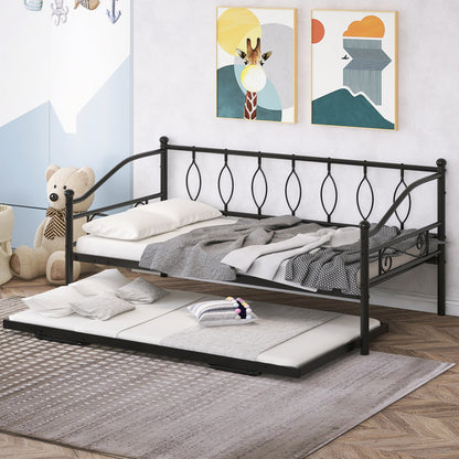 Twin Size Metal Daybed with Twin Size Adjustable Trundle, Portable Folding Trundle, Black