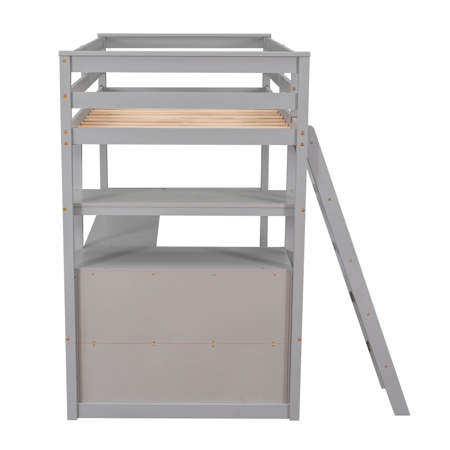 Twin Size Loft Bed with Desk and Shelves, Two Built-in Drawers, Gray(old SKU: GX000803AAE-1）