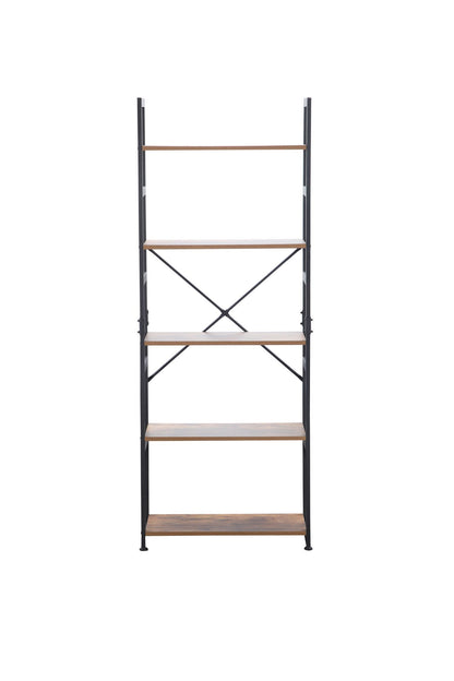 Ladder Shelf Bookcase 5 Tiers | Bookshelf with Open Storage, Metal Frame with Wood Board | Rustic + Black