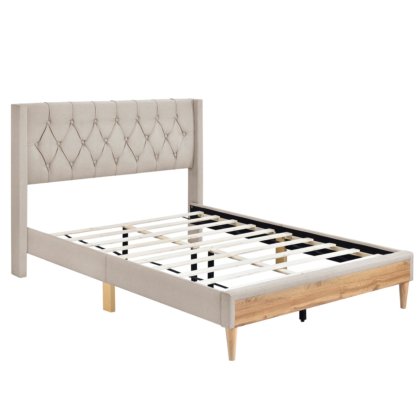 Upholstered Platform Bed with Rubber Wood Legs,No Box Spring Needed, Linen Fabric,Full Size-Beige