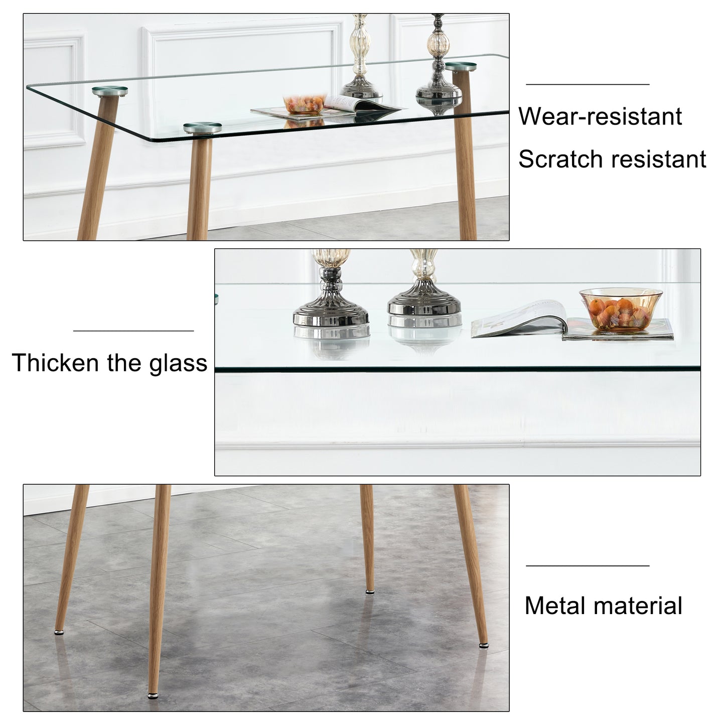 Modern Minimalist Rectangular Glass Dining Table for 4-6 with 0.31" Tempered Glass Tabletop and Wood color Coating Metal Legs, Writing Table Desk, for Kitchen Dining Living Room, 47" W x 31"D x 30" H