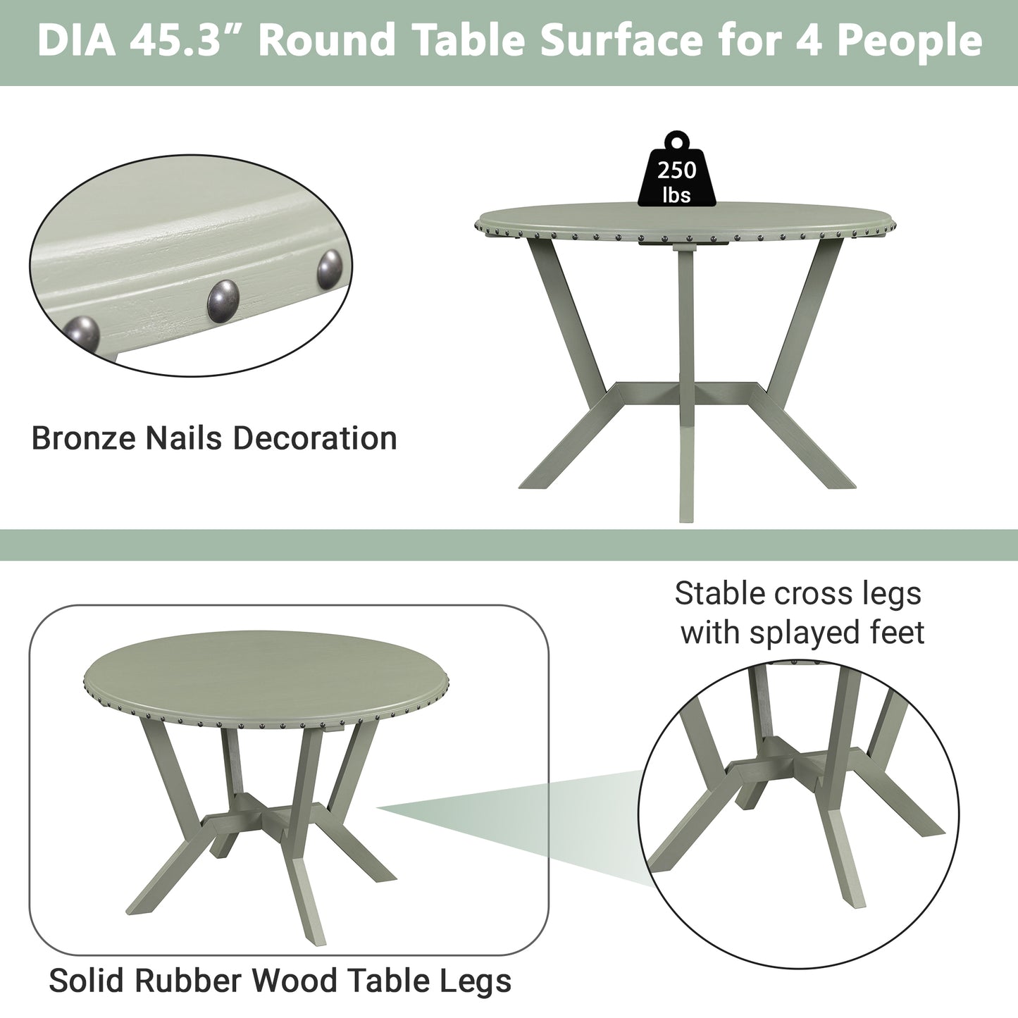 TOPMAX Mid-Century 5-Piece Dining Table Set, Round Table with Cross Legs, 4 Upholstered Chairs for Small Places, Kitchen, Studio, Green