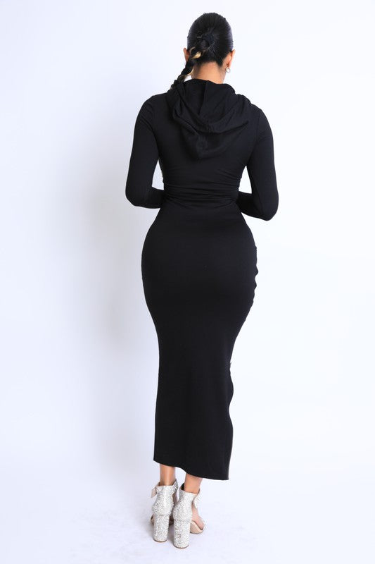 Terry hooded maxi dress with side slit zipper