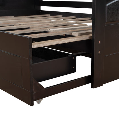 Wooden Daybed with Trundle Bed and Two Storage Drawers , Extendable Bed Daybed,Sofa Bed with Two Drawers, Espresso