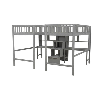 Twin & Twin Size Loft Bed with 2 Built-in Desks and Shelves, Storage Staircase, Gray