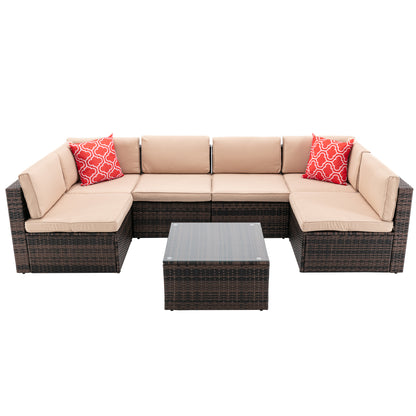 7Pcs Outdoor Garden Patio Furniture  PE Rattan Wicker  Sectional Cushioned Sofa Sets with 2 Pillows and Coffee Tablemodular sectional sofa sets