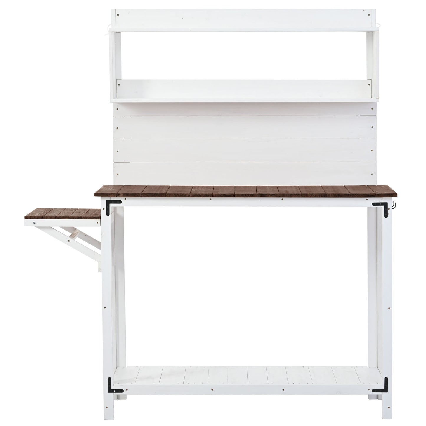 TOPMAX 65inch Garden Wood Workstation Backyard Potting Bench Table with Shelves, Side Hook and Foldable Side Table,White