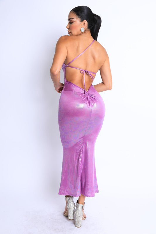 Hologram Asymmetric Strap Ruched Maxi Dress