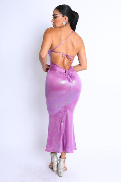 Hologram Asymmetric Strap Ruched Maxi Dress