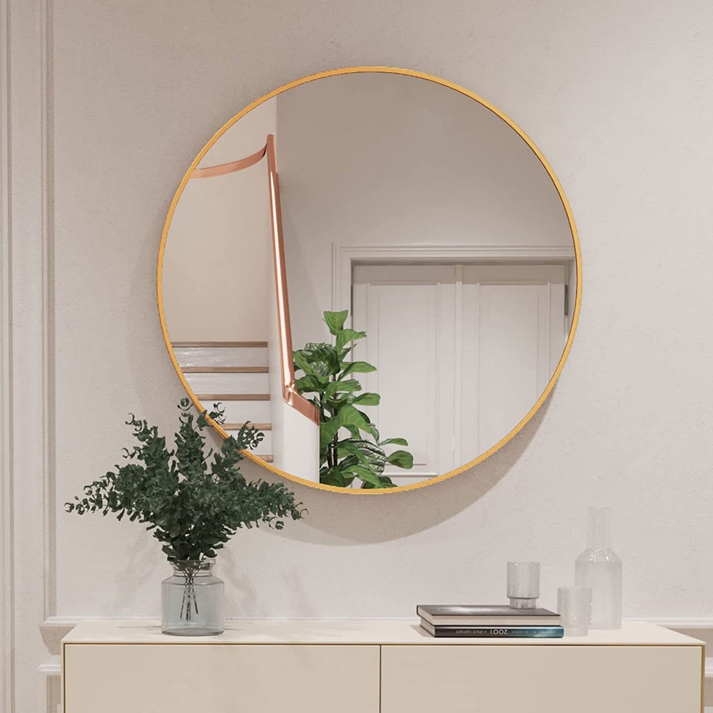 Round Mirror, Circle Mirror 32 Inch, Gold Round Wall Mirror Suitable for Bedroom, Living Room, Bathroom, Entryway Wall Decor and More, Brushed Aluminum Frame Large Circle Mirrors for Wall
