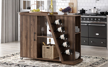 TREXM Kitchen Island Cart on Wheels with Adjustable Shelf and 5 Wine Holders, Storage Cart for Dining Room, Kitchen (Brown)