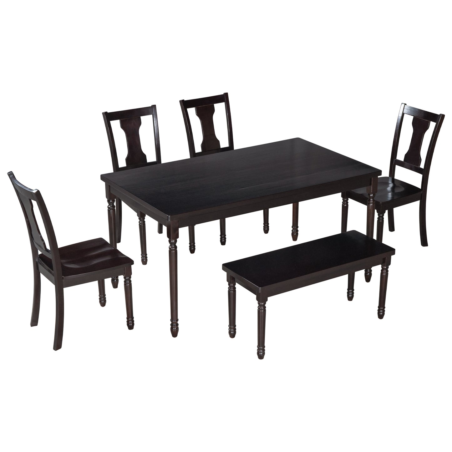 TREXM Classic Dining Set Wooden Table and 4 Chairs with Bench for Kitchen Dining Room, Espresso (Set of 6)