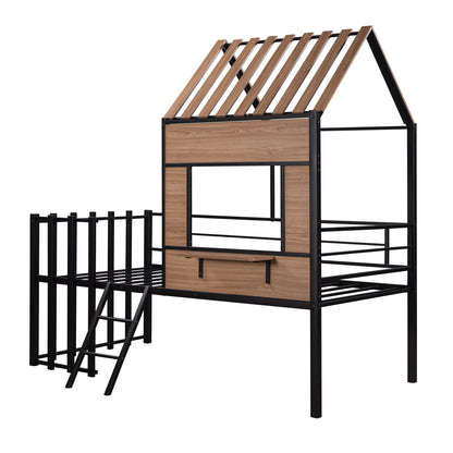 Metal Twin size Loft Bed with Roof, Window, Guardrail, Ladder Black