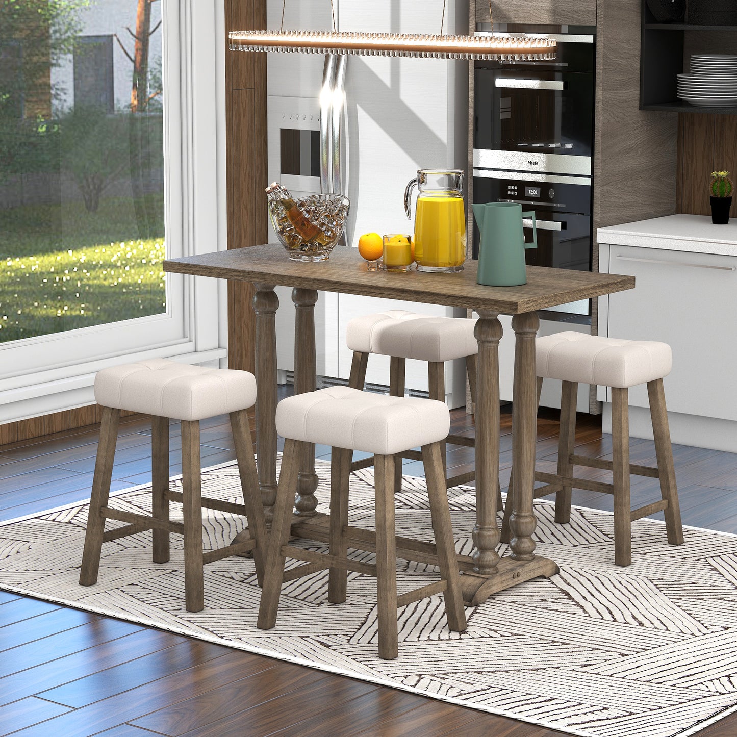 TREXM 5-Piece Dining Table Set, Counter Height Dining Furniture with a Rustic Table and 4 Upholstered Stools for Kitchen, Dining Room (Light Brown)