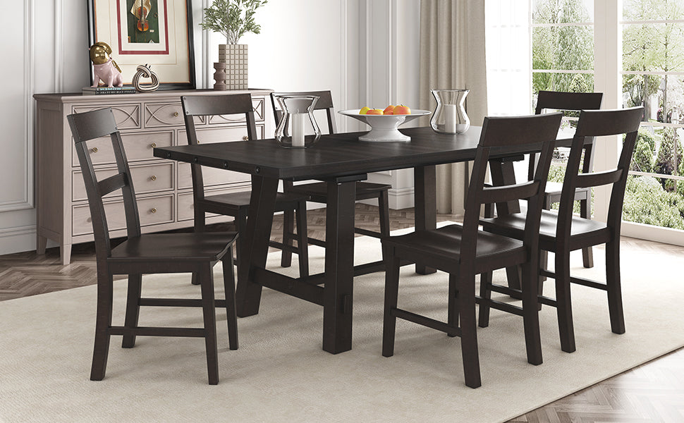 TREXM Retro Industrial Style 7-Piece Dining Table Set Extendable Table with 18” Leaf and Six Wood Chairs 
(Espresso)