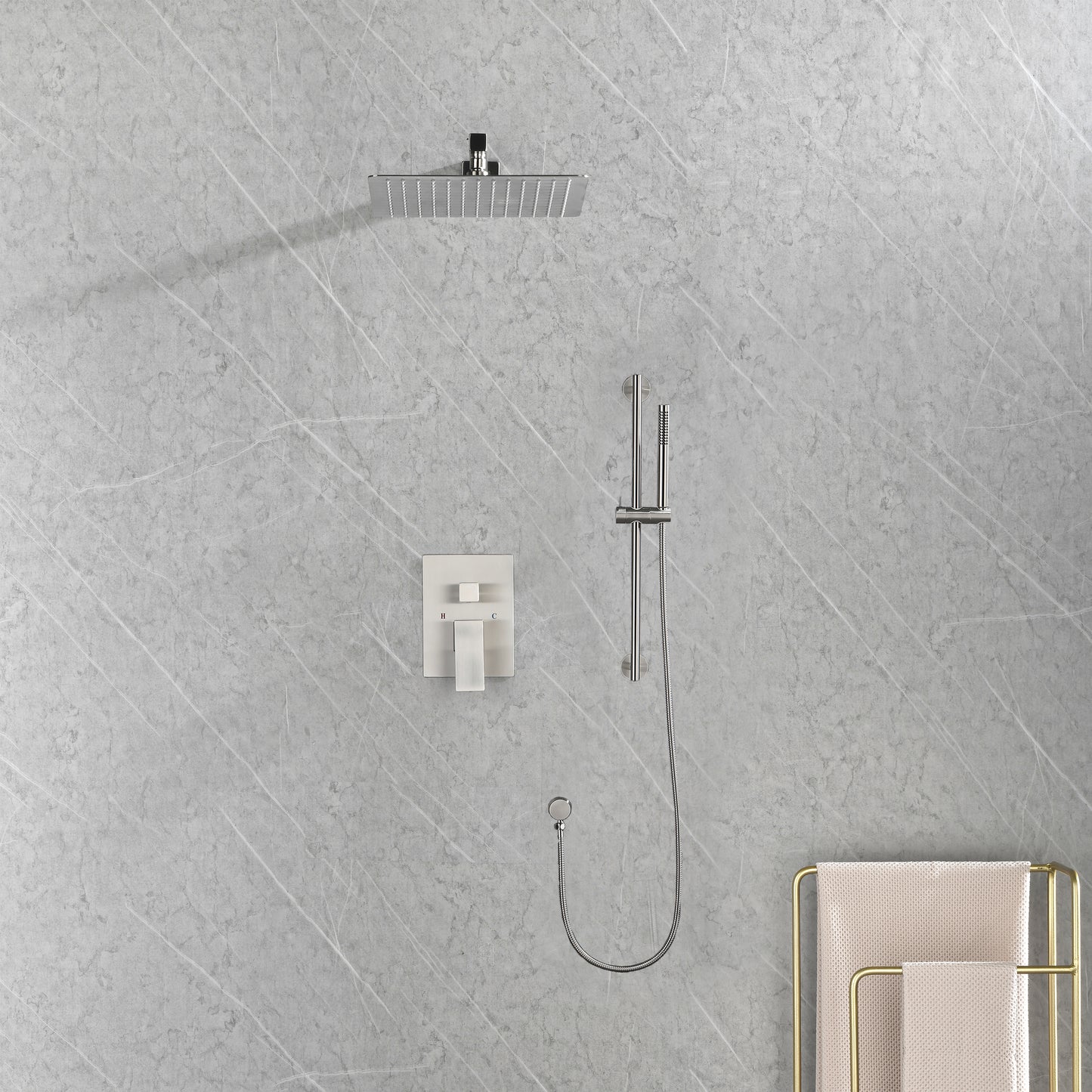 Shower System 12 Inch Square Bathroom Luxury Rain Mixer Shower Combo Set Pressure Balanced Shower System with Shower Head, Hand Shower, Slide Bar, Shower Arm, Hose, and Valve Trim