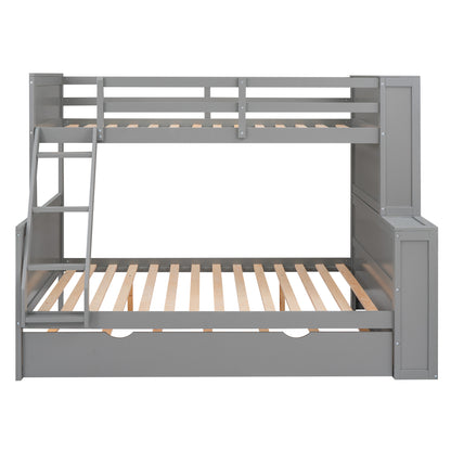 Twin over Full Bunk Bed with Trundle and Shelves, can be Separated into Three Separate Platform Beds, Gray