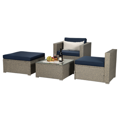 Outdoor Garden Patio Furniture 4-Piece Gray Mix Yellow PE Rattan Wicker Sectional Navy Cushioned Sofa Sets with One Beige Pillow