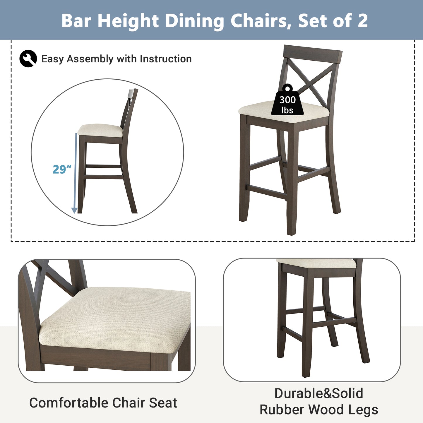 TOPMAX Farmhouse 48”Rectangular Wood Bar Height Dining Set Kitchen Breakfast Nook with 2 Chairs for Small Places,Dark Walnut