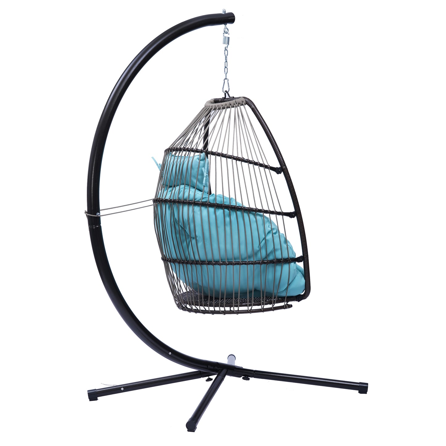 Patio Wicker folding Hanging Chair,Rattan Swing Hammock Egg Chair with C Type bracket , with cushion and pillow,for Indoor,Outdoor，Blue