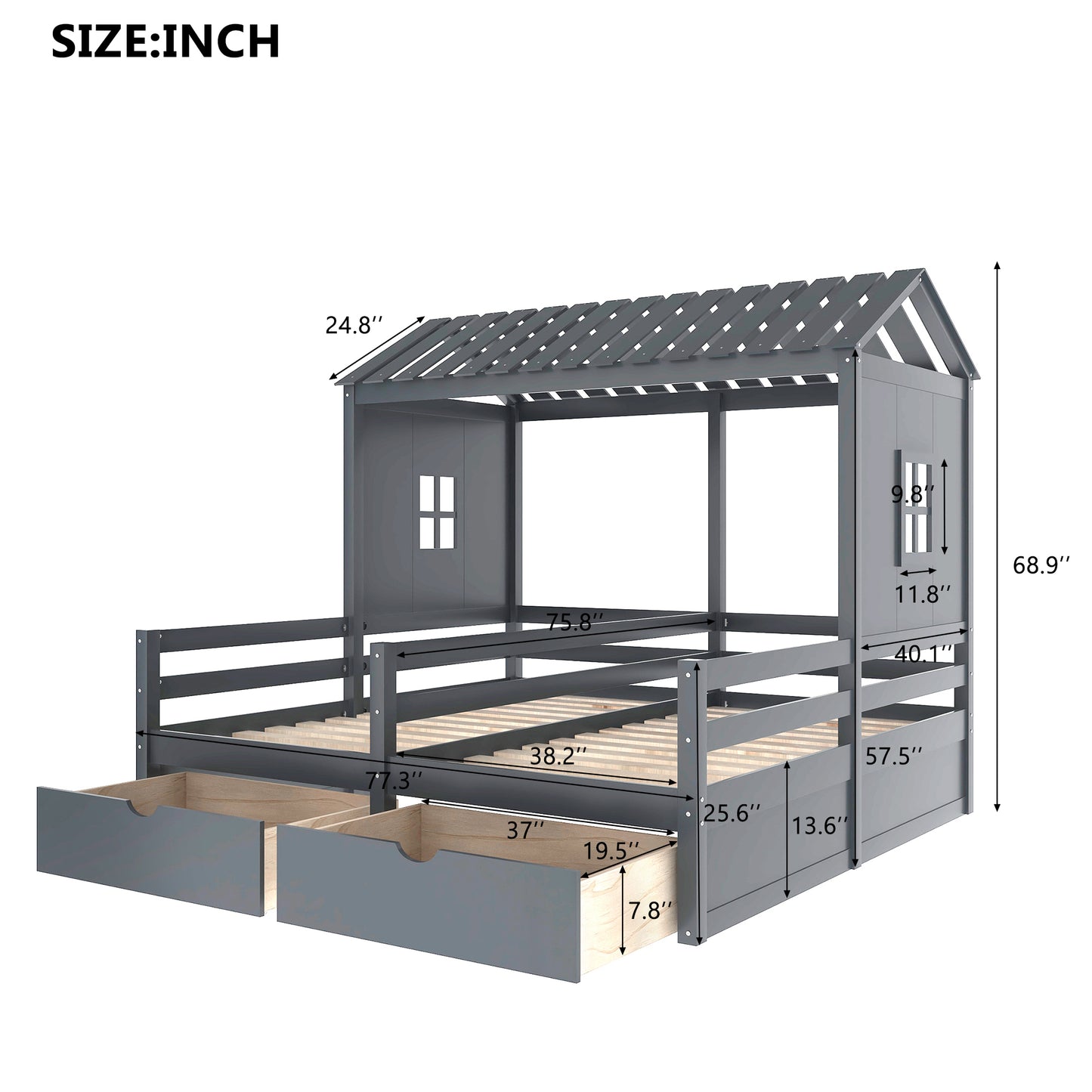 Twin Size House Platform Beds with Two Drawers for Boy and Girl Shared Beds, Combination of 2 Side by Side Twin Size Beds,Grey