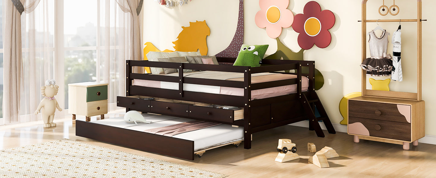 Low Loft Bed Full Size with Full Safety Fence, Climbing ladder, Storage Drawers and Trundle Espresso Solid Wood Bed