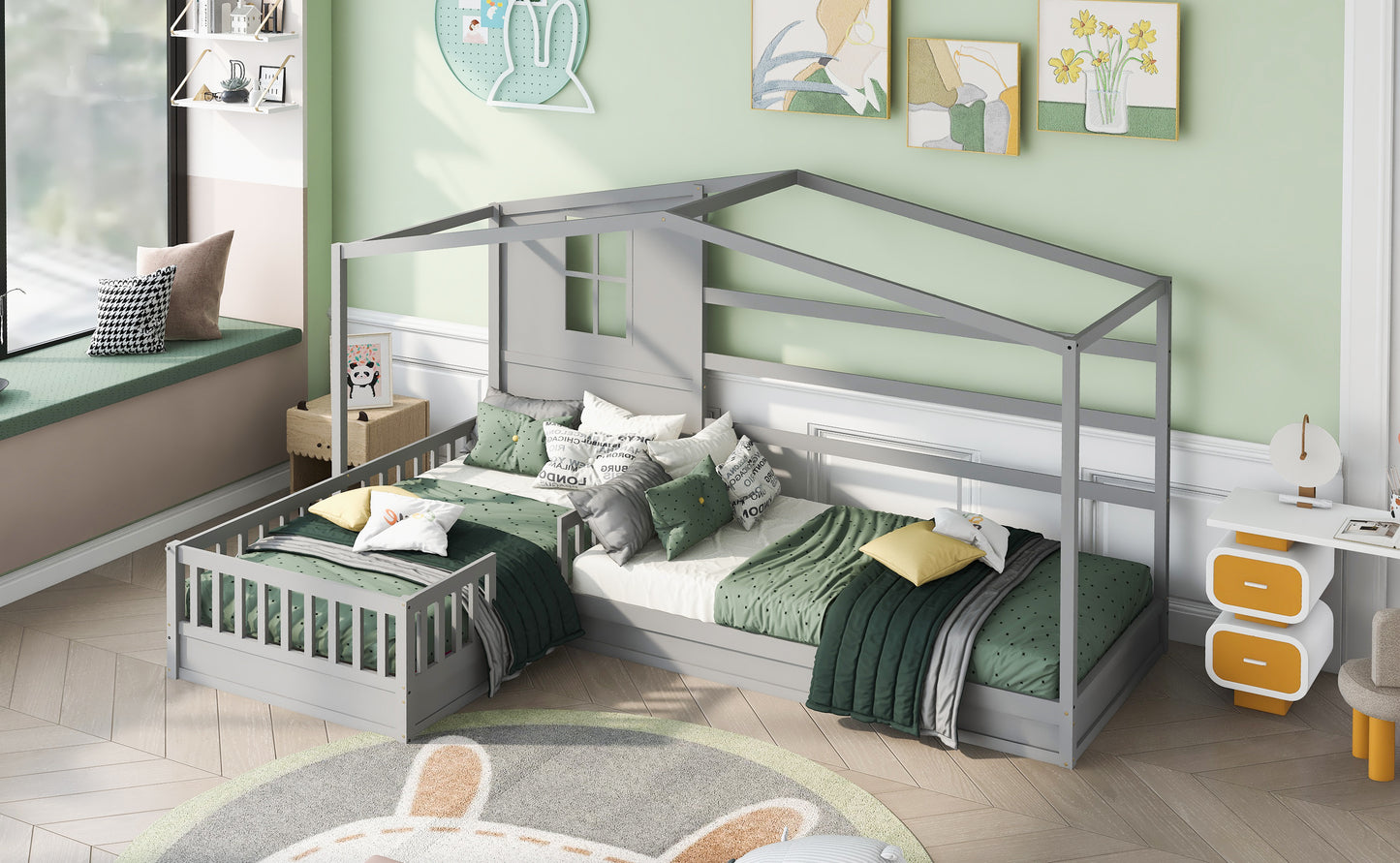 Wood House Bed Twin Size, 2 Twin Solid Bed L structure with fence and slatted frame （Gray)