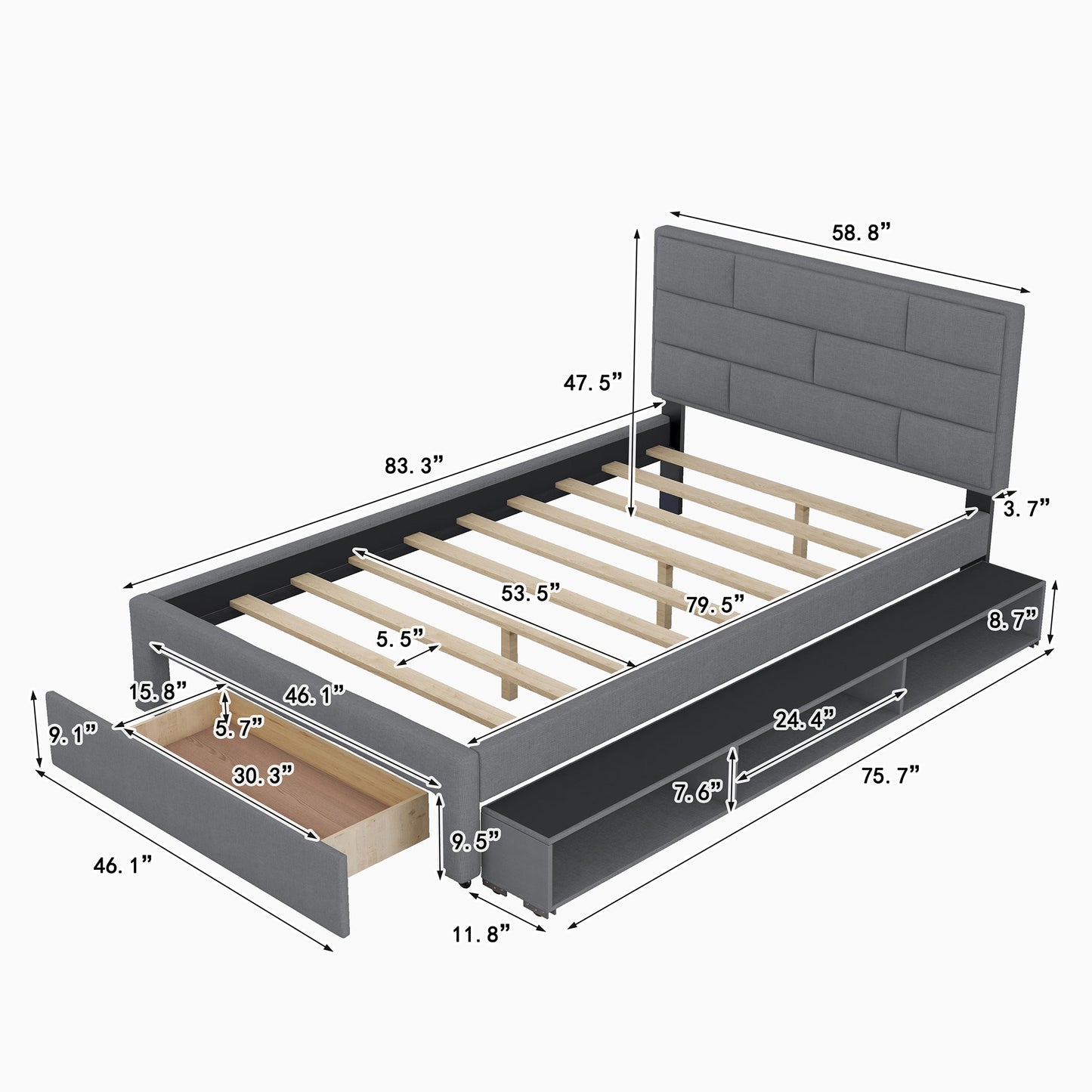 Full Size Linen Upholstered Platform Bed With a Drawer and Storage Shelves,Gray
