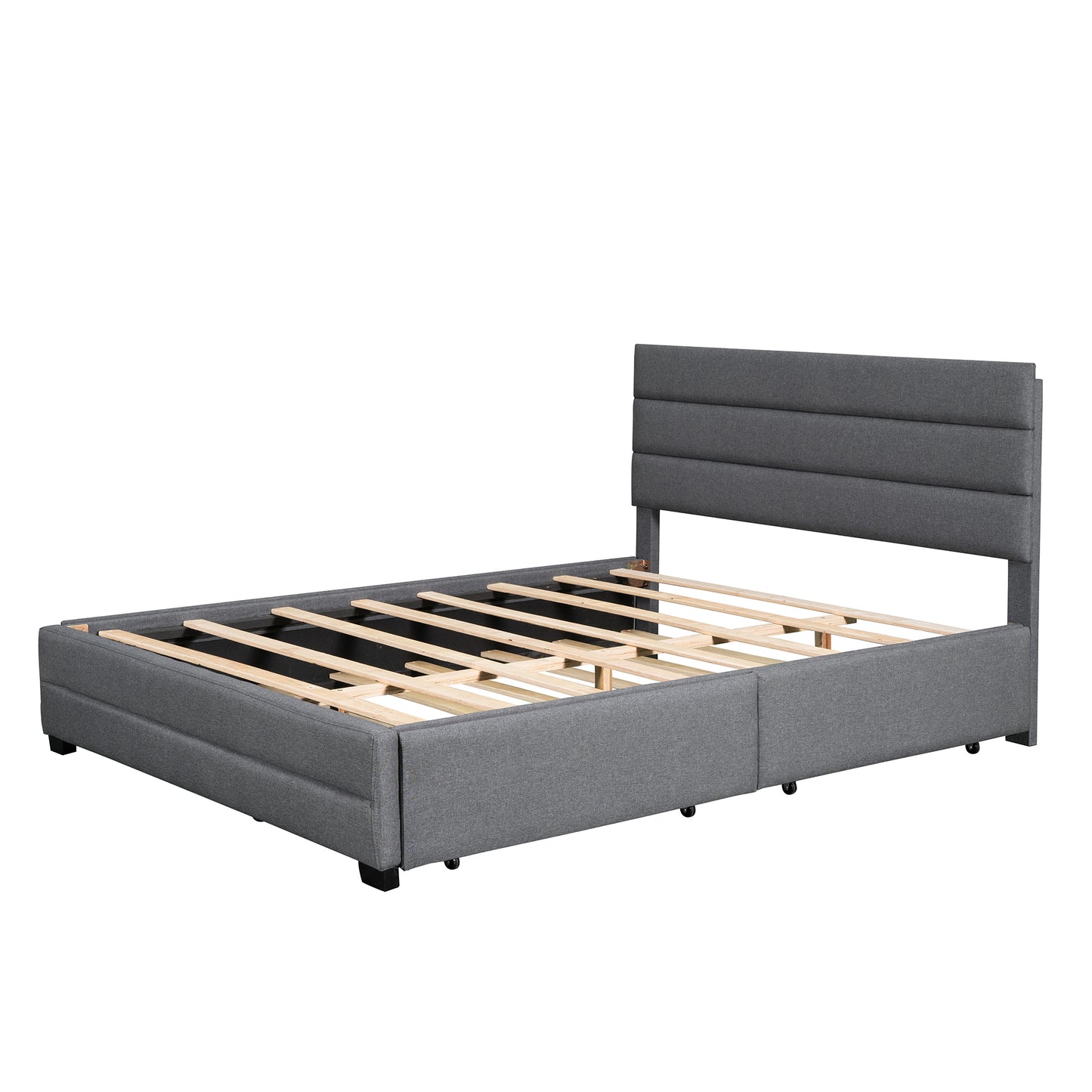 Queen Upholstered Platform Bed with Trundle and Two Drawers,Grey