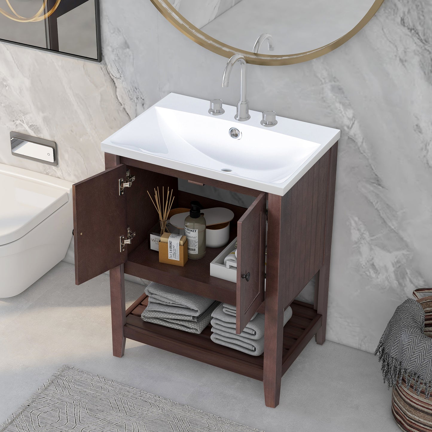 [VIDEO] 24" Brown Modern Sleek Bathroom Vanity Elegant Ceramic Sink with Solid Wood Frame Open Style Shelf