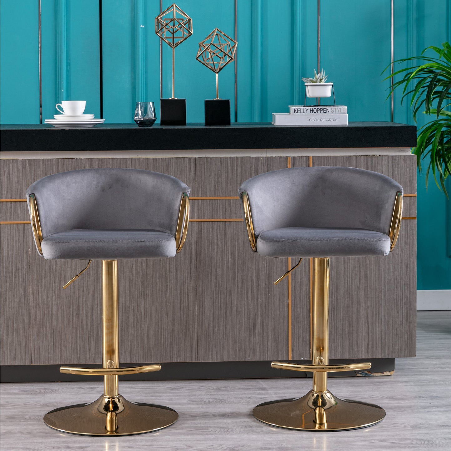 Set of 2  Bar Stools,with Chrome Footrest and Base Swivel Height Adjustable Mechanical Lifting Velvet + Golden Leg Simple Bar Stool-Grey