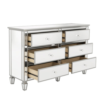 Elegant Mirrored Dresser with 6 Drawers, Modern Silver Finished Dresser 56.1“L x 18.1” W x 36.4” H for Living Room Bedroom