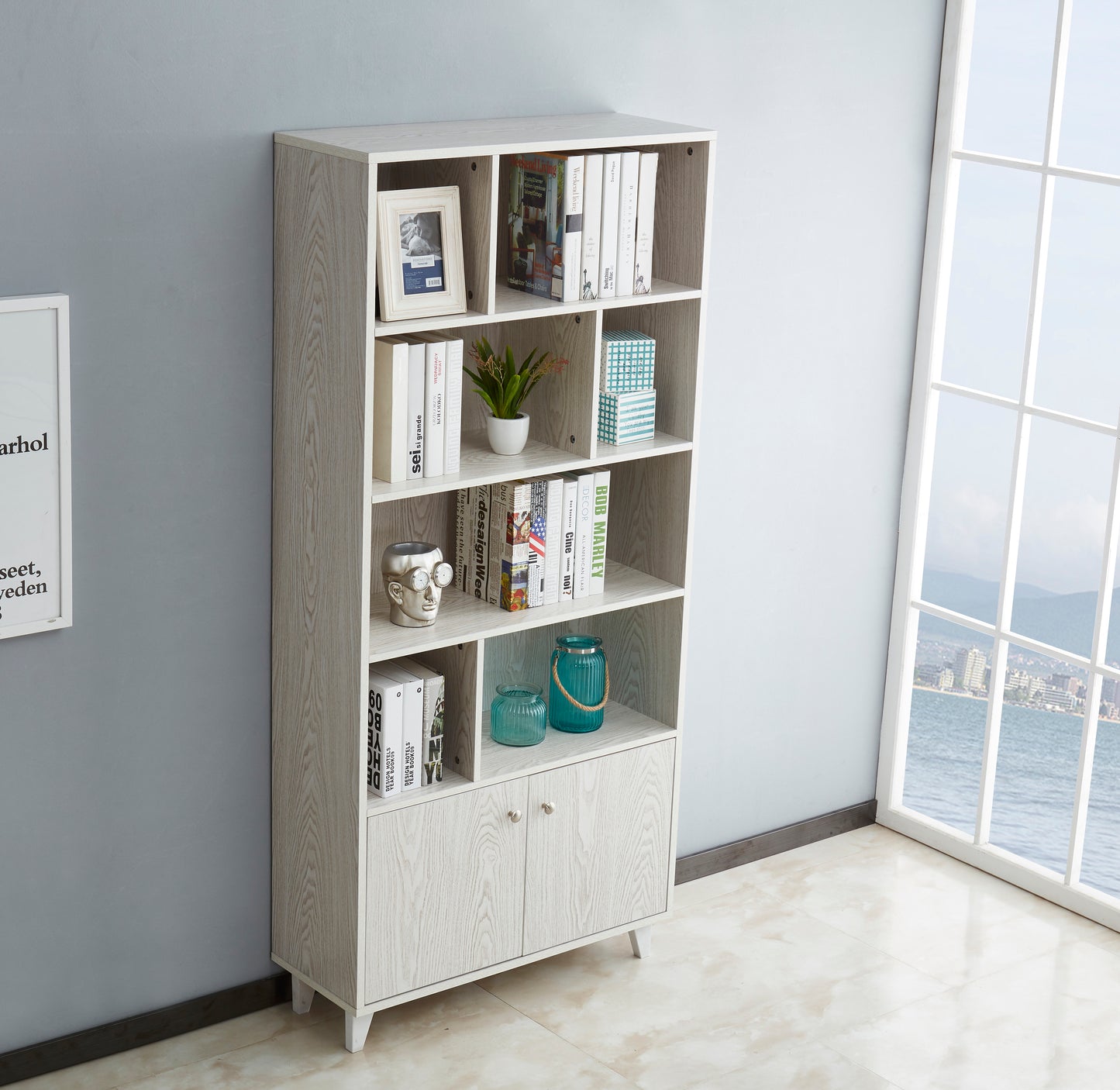 68" Bookcase with 2 Doors, Bookshelf, White