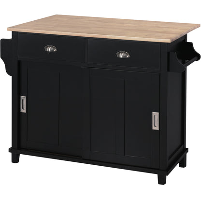 K&K Kitchen Cart with Rubber wood Drop-Leaf Countertop, Concealed sliding barn door adjustable height,Kitchen Island on 4 Wheels with Storage Cabinet and 2 Drawers,L52.2xW30.5xH36.6 inch, Black