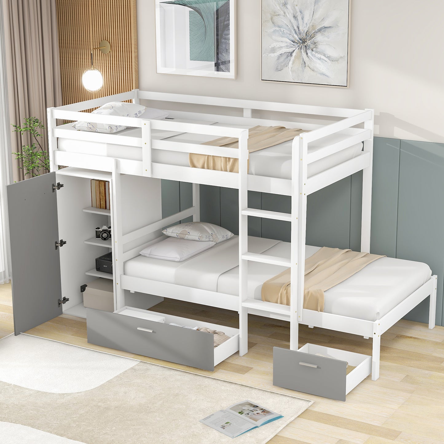 Twin over Twin Bunk Bed with Built-in Storage Wardrobe and Two Drawers, White