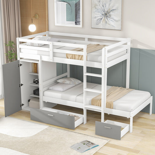 Twin over Twin Bunk Bed with Built-in Storage Wardrobe and Two Drawers, White