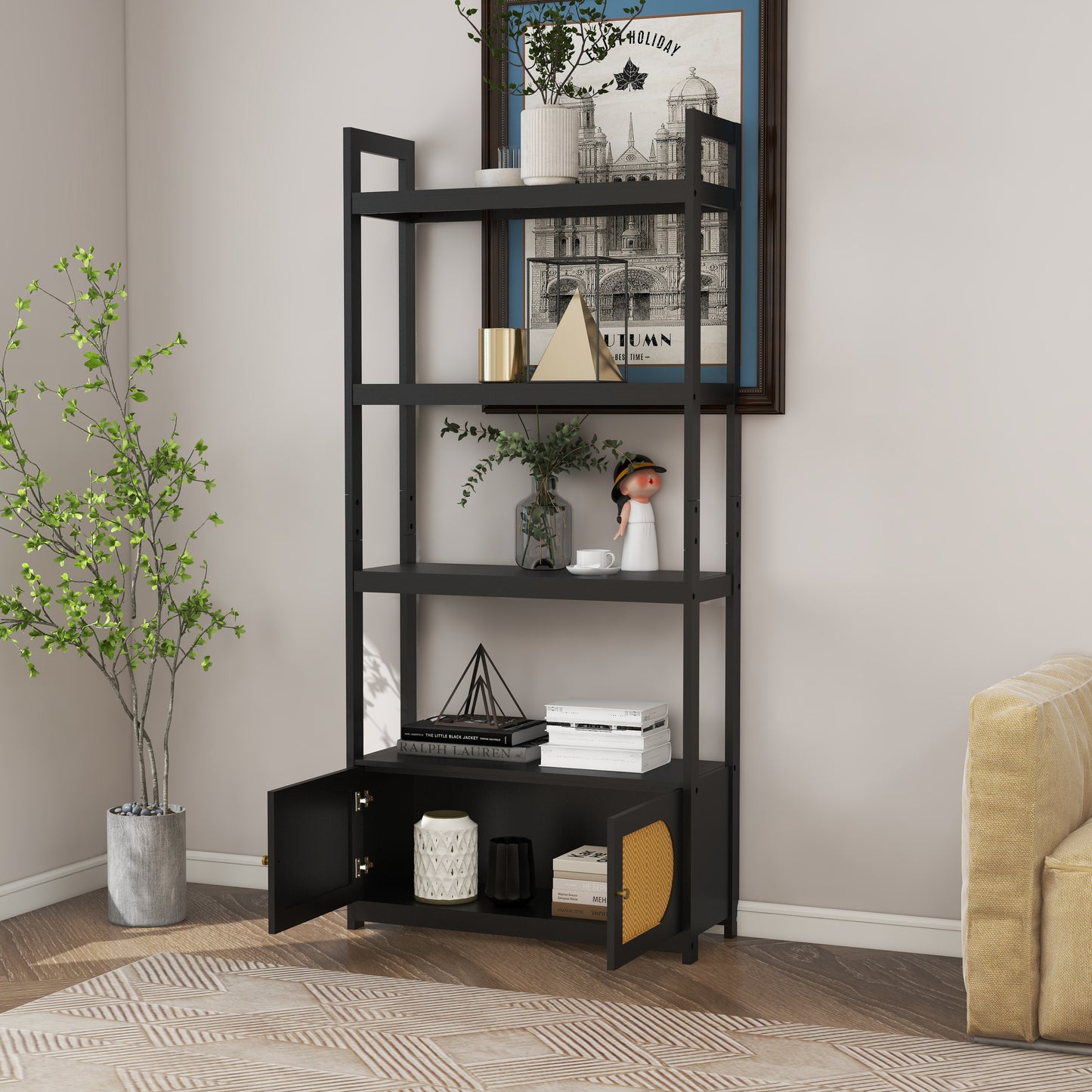 Woven Cane 4-tier Bookshelf Storage Rack Shelves with 2 Doors Wooden Freestanding Bookcases-black