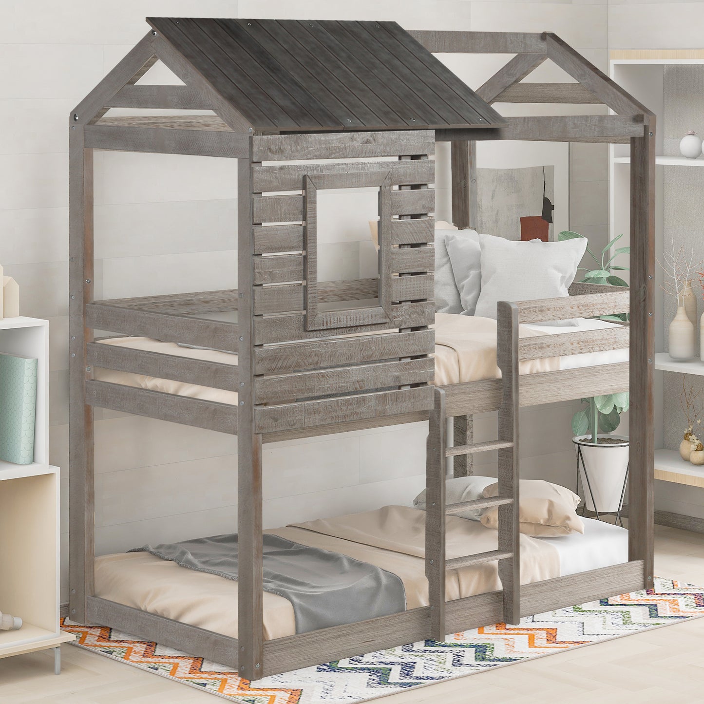 Twin Over Twin Bunk Bed Wood Loft Bed with Roof, Window, Guardrail, Ladder  ( Antique Gray )