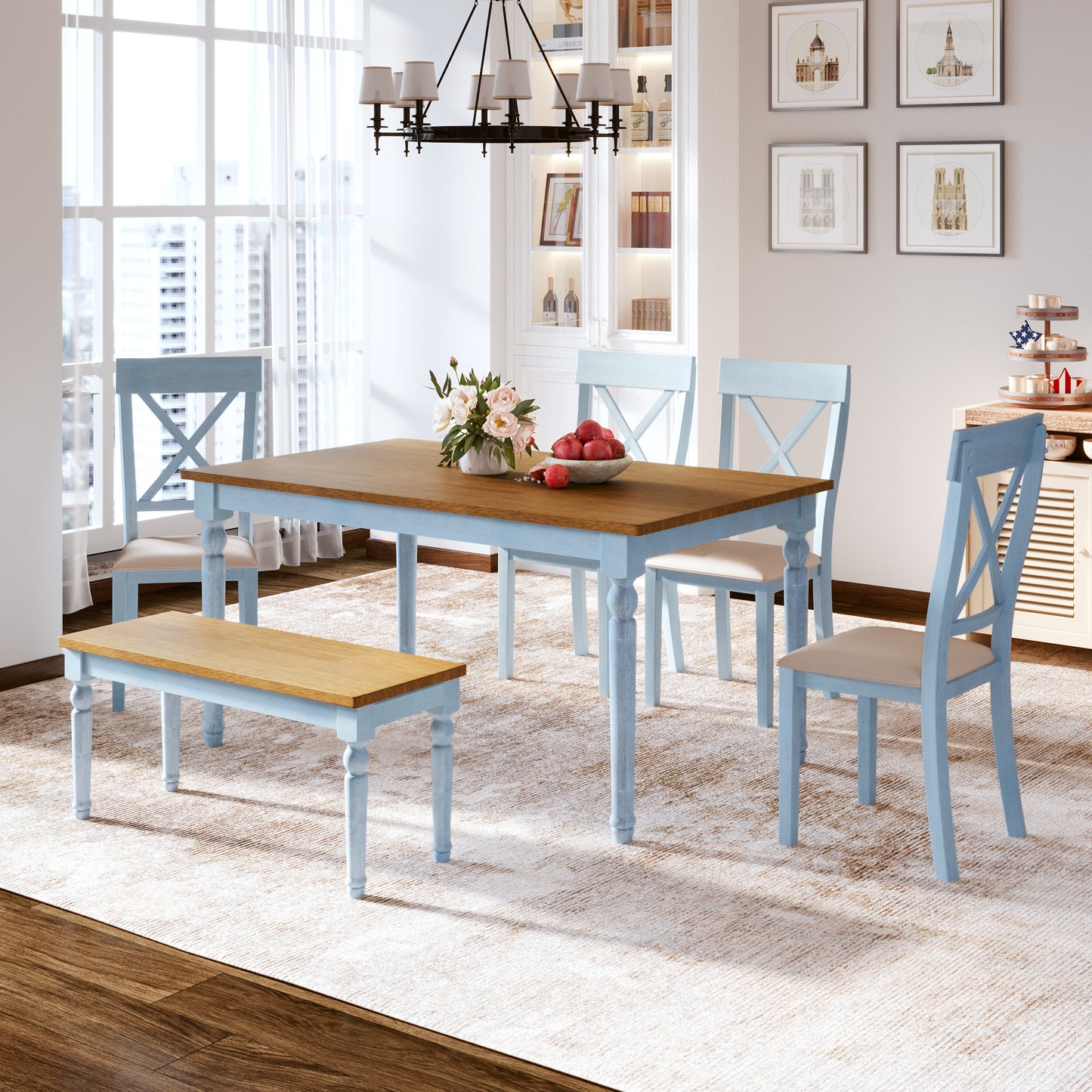 TOPMAX 6 Piece Dining Table set with Bench,Wooden Kitchen Table Set w/ 4 Padded Dining Chairs,Blue