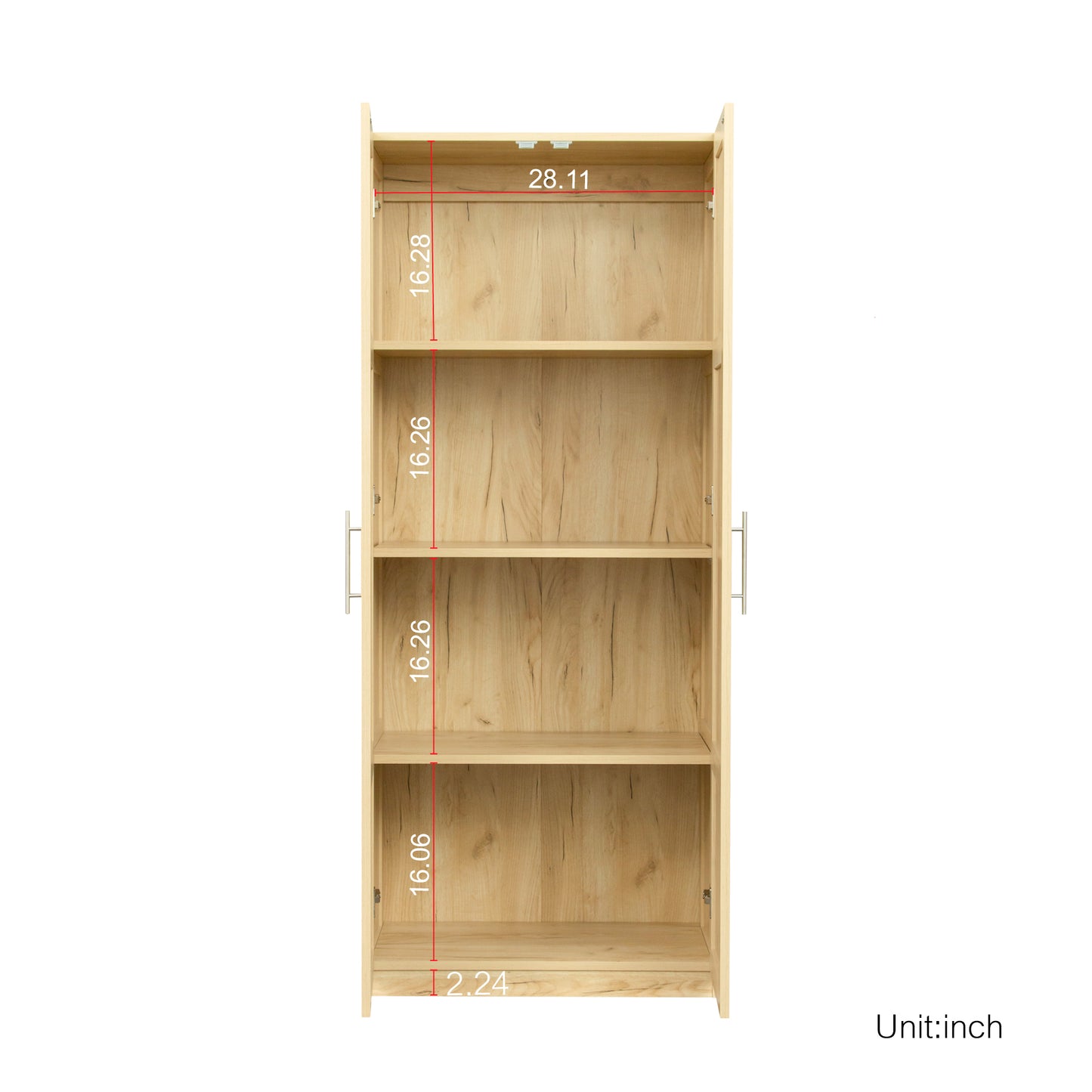 High wardrobe and kitchen cabinet with 2 doors and 3 partitions to separate 4 storage spaces, oak