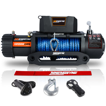 MNEMOSYNE 12000LBS SYNTHETIC ROPE WINCH. Load Capacity Electric Winch Kit,Waterproof IP67 Electric Winch with Hawse Fairlead, with Wireless Handheld Remote and Corded Control Recove